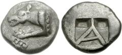 ARGOLIS, Argos. Circa 500/490-470 BC. AR Triobol (2.65 g, 12h). Forepart of wolf at bay left, feet on small basis of pellets within linear border / Large A; two small incuse squares above; all within 