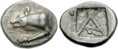 ARGOLIS, Argos. Circa 500/490-470 BC. AR Triobol (2.68 g, 12h). Forepart of wolf at bay left, [feet on small basis of pellets] / Large A; two small incuse squares above, pellet above and below crossba