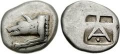 ARGOLIS, Argos. Circa 480-460 BC. AR Triobol (3.36 g, 12h). Forepart of wolf lying down left, retrograde Σ on neck / Large A; two small incuse squares above, pellet below crossbar; all within shallow 