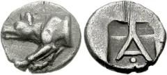 ARGOLIS, Argos. Circa 480/70-440/30 BC. AR Triobol (2.79 g, 12h). Forepart of wolf at bay left / Large A; two small incuse squares above, pellet below crossbar; all within shallow square incuse. BCD P