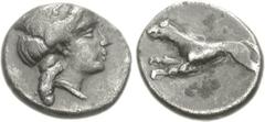 ARGOLIS, Argos(?). Circa 370-350 BC. AR Trihemiobol (2.68 g, 10h). Head of Hera right, wearing ornamented stephanos / Wolf running left. New York Sale XVII, lot 64; otherwise unpublished. VF, find pat