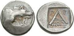 ARGOLIS, Argos. Circa 330-270 BC. AR Triobol (2.77 g, 9h). Forepart of wolf at bay right / Large A; Π-P across upper field, bow and club left below; all within incuse square. BCD Peloponnesos 1083.6. 