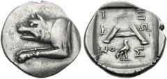 ARGOLIS, Argos. Circa 90-50 BC. AR Triobol (2.44 g, 9h). Hieron, magistrate. Forepart of wolf at bay left / Large A; I-E/P-Ω/NO-Σ in three lines around; below crossbar, eagle standing right on thunder