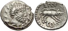CELTIC, Britain. Atrebates & Regni . Eppillus. Circa 10 BC-AD 10. AR Unit (13mm, 1.26 g, 11h). Calleva mint. Struck circa AD 5-15. Bearded male head right, within wreath / Boar standing right. Bean EP