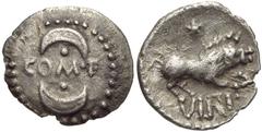 CELTIC, Britain. Atrebates & Regni . Verica. Circa AD 10-40. AR Unit (13mm, 1.23 g, 2h). Southern mint. Struck circa AD 10-20. Crescent and pellet above and below / Boar standing right; star above. Be
