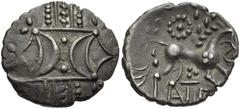CELTIC, Britain. Iceni . Anted. Circa AD 1-25. AR Unit (15mm, 1.09 g). Two outline crescents back-to-back on a central band; two pellets between / Horse right; daisy in ring above, three pellets below