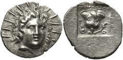 ISLANDS off CARIA, Rhodos. Rhodes . Circa 125-88 BC. AR Hemidrachm (13mm, 1.34 g, 12h). ‘Plinthophoric’ coinage. Timasipos, magistrate. Radiate head of Helios facing slightly right / Rose with bud to 