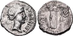 Roman Republican The Republicans. Brutus. Spring-early summer 42 BC. AR Denarius (18mm, 3.60 g, 7h). Military mint traveling with Brutus in Lycia. Head of Libertas right / Lyre between quiver and fill