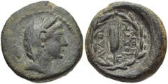 LYDIA, Mostene. 2nd-1st centuries BC. Æ 16mm (4.27 g, 12h). Veiled head of Demeter of Persephone; grain ear behind / Grain ear within wreath. SNG Copenhagen -; SNG von Aulock -; SNG München 328; BMC 3