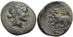LYDIA, Sardes. Circa 133 BC-AD 14. Æ 18mm (4.84 g, 12h). Wreathed head of Dionysos right / Horned panther standing left, holding broken spear in jaws; Θ to left, monogram below. Johnston, Greek 235; S