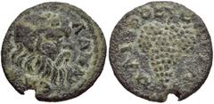 LYDIA, Silandus. Pseudo-autonomous issue. Time of Septimius Severus(?), AD 193-211. Æ 15mm (1.79 g, 11h). Wreathed head of Silenos right / Grape bunch; EΠI • A • AV-MAIOPOC around. LS -; SNG Copenhage