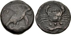 Greek SICILY, Akragas. Circa 415-406 BC. Æ Tetras – Trionkion (20.5mm, 6.29 g, 10h). Eagle, wings spread, standing right on, and tearing at, dead hare / Crab; below, three pellets (mark of value) abov
