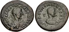 Roman Provincial CILICIA, Anazarbus. Macrinus, with Diadumenian as Caesar. AD 217-218. Æ Trihemiassarion (24mm, 9.13 g, 6h). Laureate, draped, and cuirassed bust of Macrinus right / Bareheaded and dra