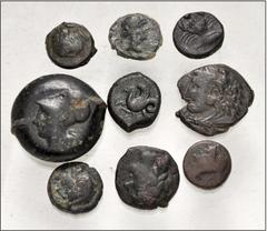 Large Lots GREEK. Magna Graecia & Sicily. Lot of twenty (20) mostly Sicilian bronze issues. Includes: various types and mints. A good mix. Average 15-24mm. Fair to Fine, some with active bronze diseas