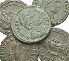 ROMAN. Imperial. Æ of Helena. All coins: Follis. Diademed and draped bust right / Pax standing left, holding branch and scepter. Mints include Trier (2), Heraclea, and Antioch (2). Fine to VF conditio