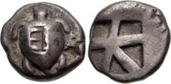 Greek ISLANDS off ATTICA, Aegina. Circa 480-457 BC. AR Quarter Stater – Hemidrachm (13mm, 2.91 g, 7h). Sea turtle, head in profile, with 'T-back' design on shell / Large square incuse with skew patter