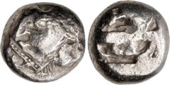 Greek CARIA, Mylasa. Circa 500 BC. AR Stater (17.5mm, 11.12 g). Forepart of lion left, [letter on shoulder?] / Incuse square divided by thick line. Cf. Konuk, Coin M1; cf. HN Online 41. Struck with wo
