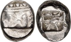 Greek LYCIA, Phaselis. Circa 530-500 BC. AR Stater (16mm, 11.10 g). Prow of galley left, terminating in a boar's forepart / Incuse square divided by two bands, with Λ-shaped feature in one section. He