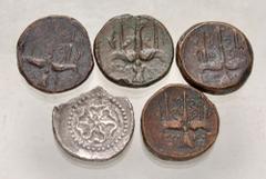 Large Lots GREEK. Magna Graecia & Sicily. Lot of five (5) mostly Æ Litrai of Hieron II of Syracuse . Includes: Head of Poseidon left, wearing tainia / Ornamented trident head; flanked by dolphins down