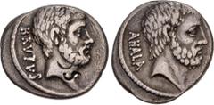 Roman Republican Q. Servilius Caepio (M. Junius) Brutus. 54 BC. AR Denarius (17mm, 3.62 g, 7h). Rome mint. Bare head of L. Junius Brutus right; BRVTVS behind / Bare head of C. Servilius Ahala right; A