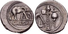 Roman Republican The Caesarians. Julius Caesar. April-August 49 BC. AR Denarius (18mm, 3.94 g, 2h). Military mint traveling with Caesar. Elephant advancing right, trampling on horned serpent / Simpulu