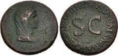 Roman Imperial Drusus. Caesar, AD 19-23. Æ Dupondius (28mm, 10.65 g, 12h). Rome mint. Struck AD 21-22. Veiled, diademed, and draped bust of Livia (?) as Pietas right / Legend around large S C. Livia w