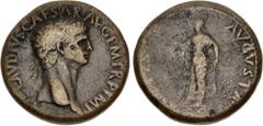 Roman Imperial Claudius. AD 41-54. Æ Sestertius (35mm, 23.81 g, 6h). Rome mint. Struck AD 41-42. Laureate head right / Spes advancing left, holding flower and raising hem of dress. RIC I 99; von Kaene