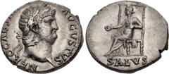 Roman Imperial Nero. AD 54-68. AR Denarius (17mm, 3.21 g, 6h). Rome mint. Struck circa AD 65-66. NERO CAESAR AVGVSTVS, laureate head right / SALVS in exergue, Salus, draped, seated left on ornamented 