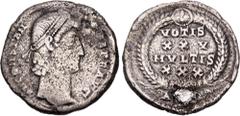 Roman Imperial Constantius II. AD 337-361. AR Siliqua (19.5mm, 2.81 g, 6h). Antioch mint. Struck AD 347-350. Pearl-diademed, draped, and cuirassed bust right / VOTIS XXV/ MVLTIS/ XXX in four lines wit