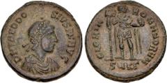 Roman Imperial Theodosius I. AD 379-395. Æ (22mm, 4.92 g, 12h). Cyzicus mint. Struck AD 392-395. Pearl-diademed, draped and cuirassed bust right / GLORIA ROMANORVM; Theodosius standing right, holding 