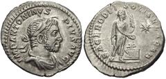 Elagabalus. AD 218-222. AR Denarius (19mm, 2.91 g, 7h). Rome mint. Struck AD 221-222. Laureate and draped bust right, with “horn” over forehead / Elagabalus standing right, holding cypress branch and 