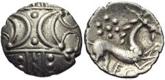 CELTIC, Britain. Iceni . Ecen. Circa AD 25-38. AR Unit (12mm, 1.11 g). Two opposed crescents with pellets between, superimposed upon band of three lines / Horse advancing right; sun above, ECE below. 