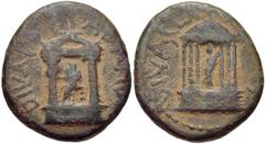 JUDAEA, Caesaraea Panias. Diva Poppaea and Diva Claudia. Died AD 65 and AD 63, respectively. Æ 18mm (6.26 g, 12h). Struck AD 65-68. Statue of Diva Poppaea seated left within distyle temple / Statue of