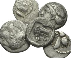 GREEK. Asia Minor. AR from Mysia, Kyzikos to Ionia, Kolophon. All coins: MYSIA, Kyzikos. AR Obol. Forepart of boar left; tunny fish behind / Head of lion left // AR Hemiobol. Same // Lampsakos. AR Dio
