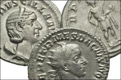 ROMAN. Imperial. AR of Gordian III, Herennius Etruscus, Herennia Etrusca. All coins: antoniniani. Gordian III Radiate, draped, and cuirassed bust right // Gordian standing right, holding transverse sp