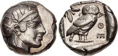 Greek ATTICA, Athens. Circa 454-404 BC. AR Tetradrachm (23mm, 17.15 g, 11h). Helmeted head of Athena right, with frontal eye / Owl standing right, head facing, closed tail feathers; olive spray and cr