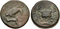 Greek SICILY, Akragas. Circa 415-406 BC. Æ Tetras – Trionkion (20mm, 9.29 g, 2h). Eagle, wings spread, standing right on, and tearing at, dead hare / Crab; below, three pellets (mark of value) above c