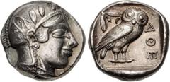 Greek ATTICA, Athens. Circa 454-404 BC. AR Tetradrachm (24.5mm, 17.22 g, 8h). Helmeted head of Athena right, with frontal eye / Owl standing right, head facing, closed tail feathers; olive spray and c