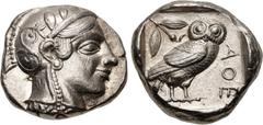 Greek ATTICA, Athens. Circa 454-404 BC. AR Tetradrachm (23.5mm, 17.19 g, 11h). Helmeted head of Athena right, with frontal eye / Owl standing right, head facing, closed tail feathers; olive spray and 