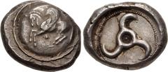 Greek DYNASTS of LYCIA. Khinakha(?). Circa 440/30-400 BC. AR Stater (19.5mm, 9.80 g). Pegasos flying left; pellet below; all on raised round shield / Triskeles with central pellet in pelleted circle w