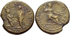 LYDIA, Sardis. Tiberius. AD 14-37. Æ 17mm (4.48 g, 11h). Julius Kleon and Memnon, magistrates. Tiberius standing left, raising up kneeling Tyche of Sardis / Livia seated right, holding scepter and gra