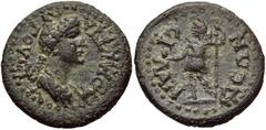 LYDIA, Silandus. Domitia. Augusta, AD 82-96. Æ 16mm (2.33 g, 7h). Draped bust right / Mên standing left, holding pine cone and scepter. RPC 1354; SNG Copenhagen -. VF, dark brown patina, minor roughne
