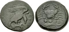 Greek SICILY, Akragas. Circa 415-406 BC. Æ Tetras (22.5mm, 7.65 g, 12h). Eagle standing right, tearing at hare / Crab; below, three pellets over crayfish facing left. Westermark, Coinage, Series D, 90