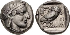 Greek ATTICA, Athens. Circa 454-404 BC. AR Tetradrachm (23mm, 17.11 g, 1h). Helmeted head of Athena right, with frontal eye / Owl standing right, head facing, closed tail feathers; olive spray and cre