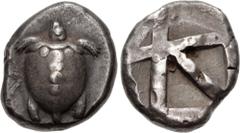 Greek ISLANDS off ATTICA, Aegina. Circa 480-457 BC. AR Stater (18.5mm, 12.31 g, 11h). Sea turtle, head in profile, with 'T-back' design on shell / Large incuse square with skew pattern. Meadows, Aegin