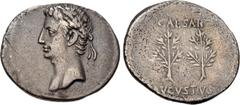 Roman Imperial Augustus. 27 BC-AD 14. AR Denarius (22mm, 3.58 g, 5h). Uncertain Spanish mint (Colonia Caesaraugusta?). Struck 19-18 BC. Head left, wearing oak wreath / CAESAR above, AVGVSTVS below, tw