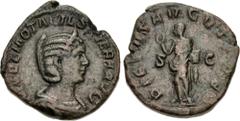 Roman Imperial Otacilia Severa. Augusta, AD 244-249. Æ Sestertius (30mm, 14.87 g, 1h). Rome mint, 4th officina. 11th emission of Philip I, AD 249. Draped bust right, wearing stephane / Pietas standing