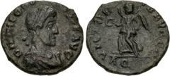 Roman Imperial Theodosius I. AD 379-395. Æ (14mm, 1.30 g, 12h). Aquileia mint. Struck AD 383-388. Pearl-diademed, draped, and cuirassed bust right / Victory advancing left, holding wreath and palm fro