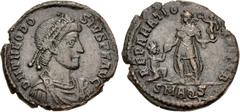 Roman Imperial Theodosius I. AD 379-395. Æ Centenionalis (25mm, 5.55 g, 6h). Aquileia mint, 2nd officina. Struck AD 383-387. Pearl-diademed, draped, and cuirassed bust right / Theodosius standing left