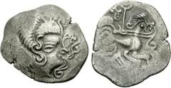 CELTIC, Northwest Gaul. Coriosolites. Circa 100-50 BC. BI Stater (6.76 g, 9h). Celtic head right, hair in large spiral curls, S-like ear; before, small face-like ornament right above scroll-ornament /